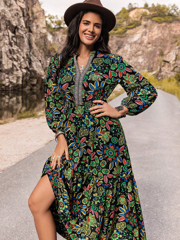 Rusttydustty Women's Printed Lantern Sleeve Dress With Plunging V-Neckline