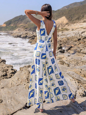 Rusttydustty Women's Printed Sleeveless Wide Leg Jumpsuit