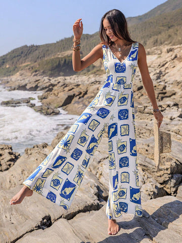 Rusttydustty Women's Printed Sleeveless Wide Leg Jumpsuit