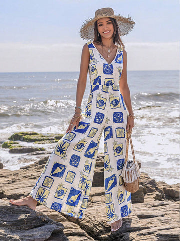 Rusttydustty Women's Printed Sleeveless Wide Leg Jumpsuit