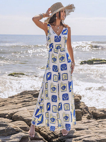 Rusttydustty Women's Printed Sleeveless Wide Leg Jumpsuit