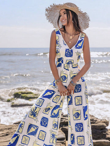 Rusttydustty Women's Printed Sleeveless Wide Leg Jumpsuit