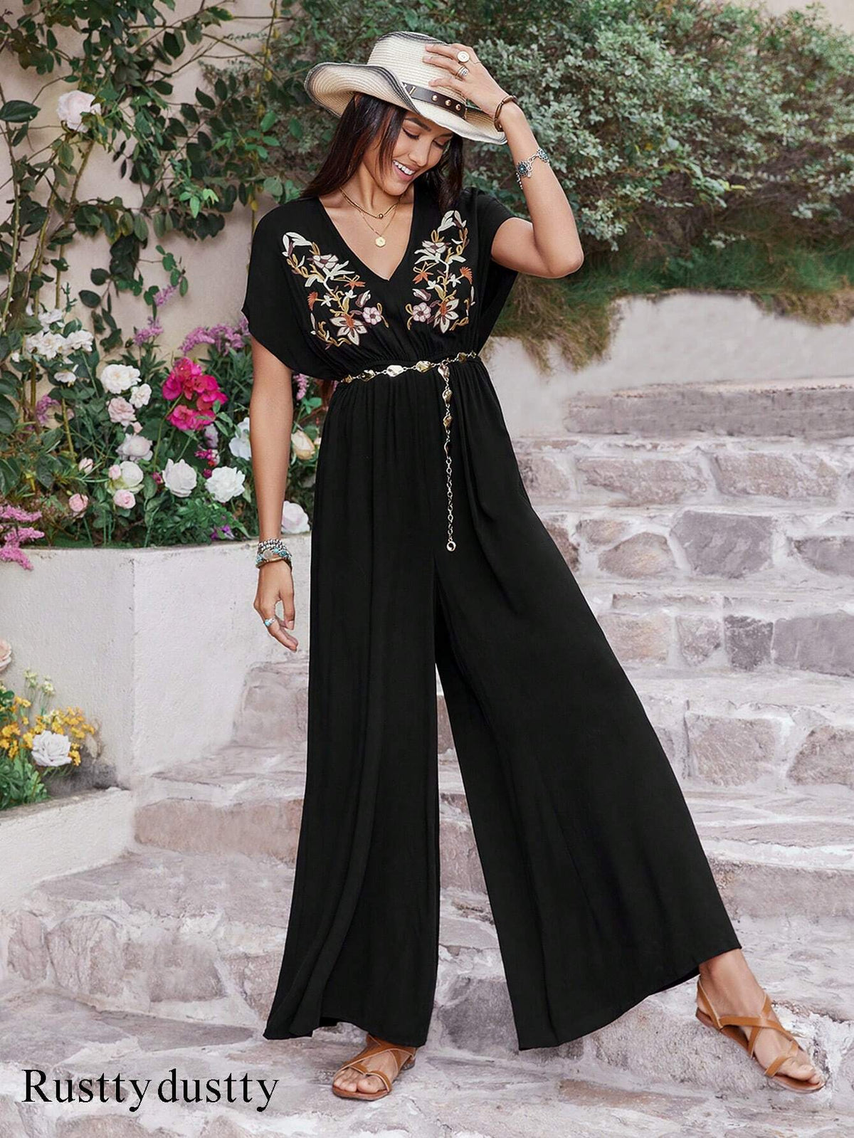 Rusttydustty Women's V-Neck Batwing Sleeve Jumpsuit With Cinched Waist And Pleated Detail, Perfect For Spring/Summer Vacation