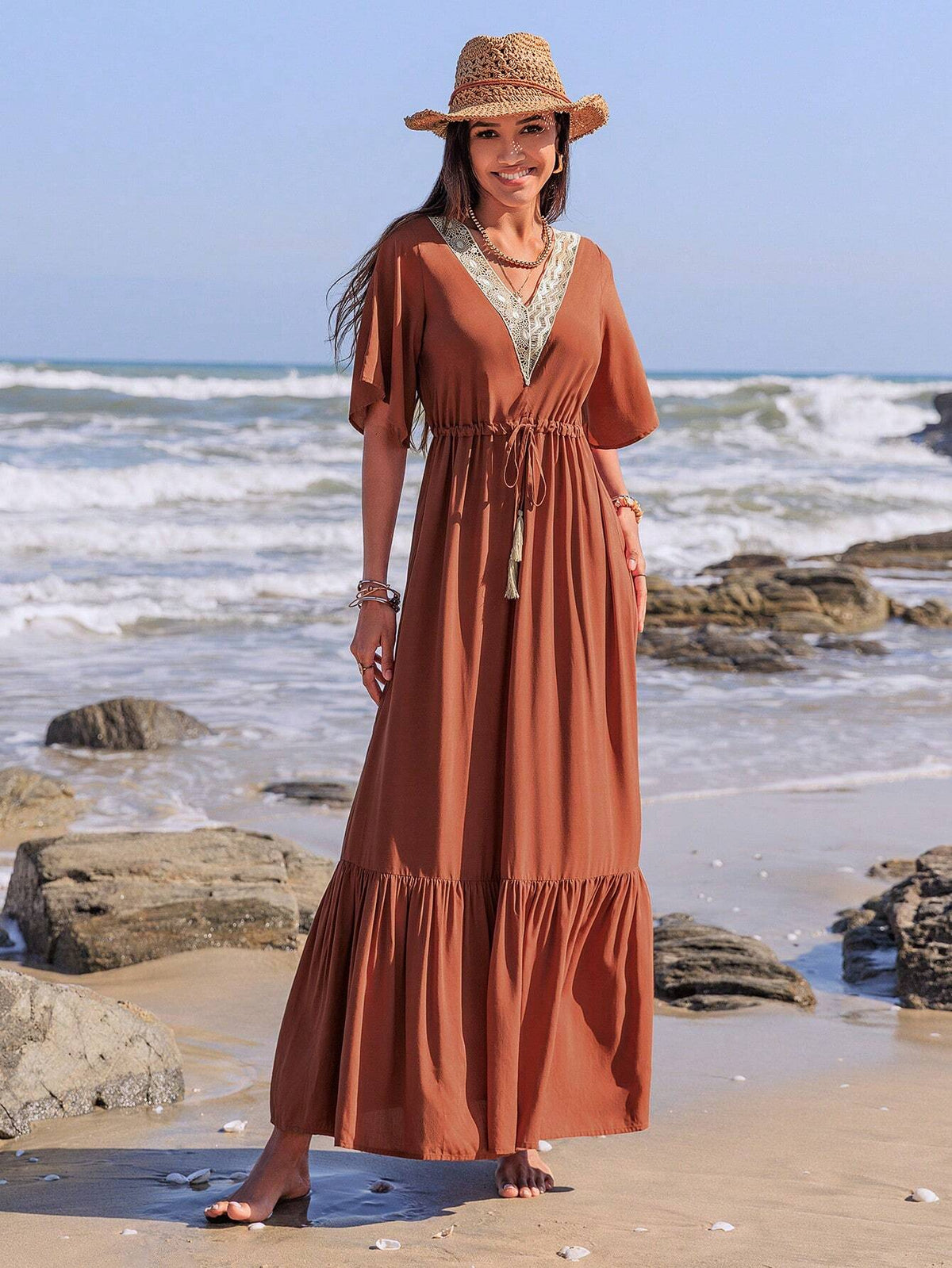 Rusttydustty Women's V-Neck Splice Long Sleeve Maxi Dress