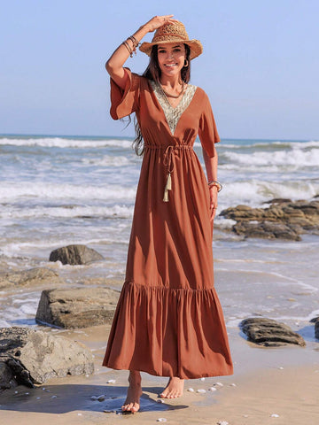 Rusttydustty Women's V-Neck Splice Long Sleeve Maxi Dress