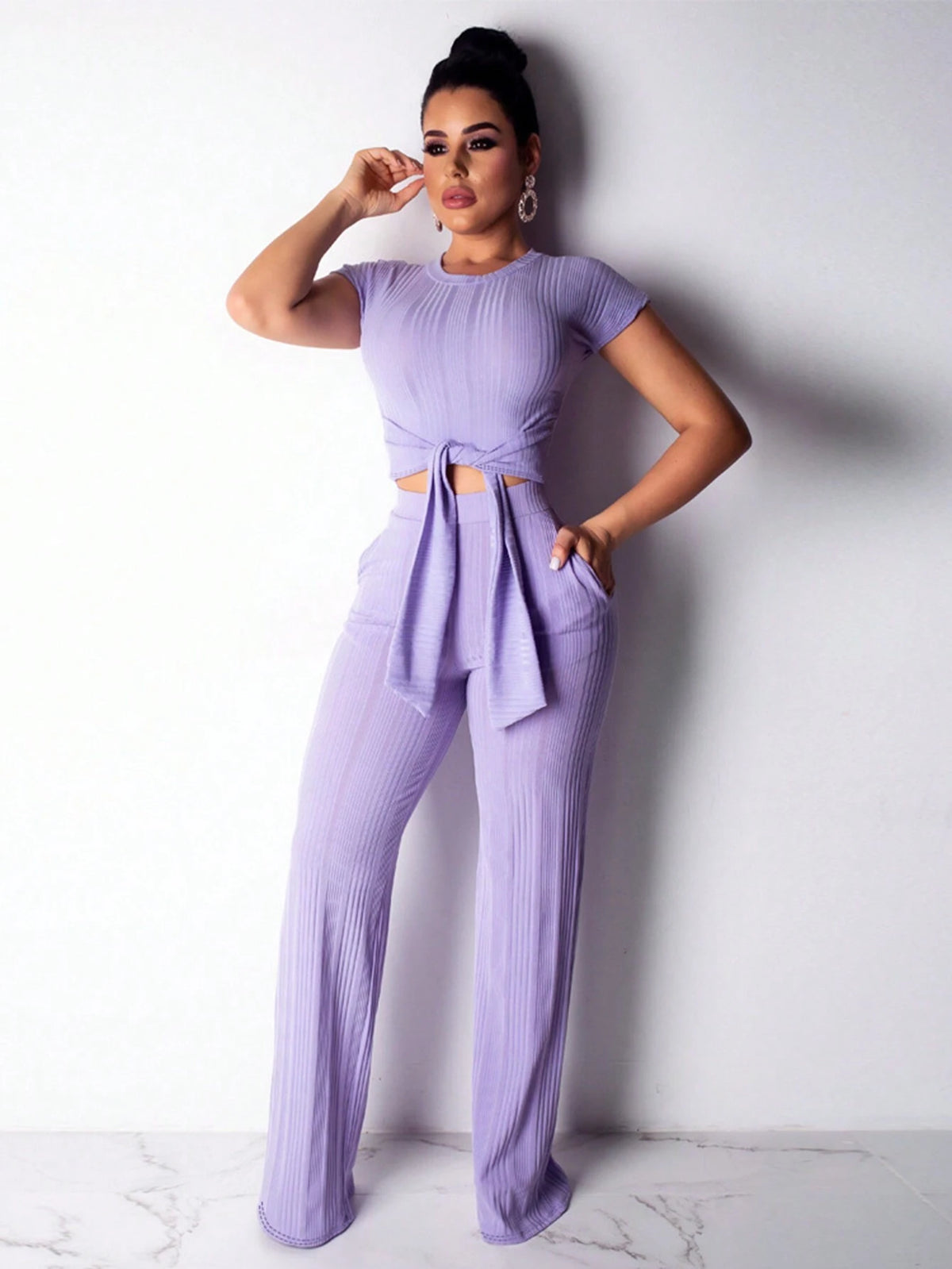 S3508 Solid Color Knitted Short Sleeve And Long Pants Suit For Women