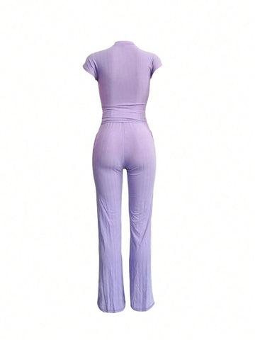 S3508 Solid Color Knitted Short Sleeve And Long Pants Suit For Women