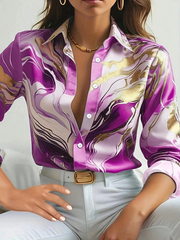 Loose Fit Long Sleeve Turn-Down Collar Button Closure 3D Digital Print Shirt