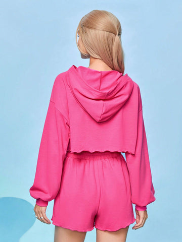 Ladies' Cartoon Printed Letter Detail Hoodie And Shorts Set