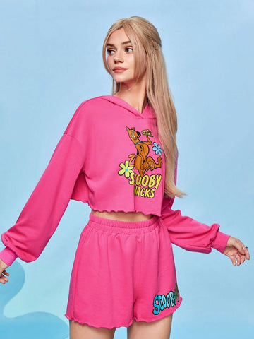 Ladies' Cartoon Printed Letter Detail Hoodie And Shorts Set