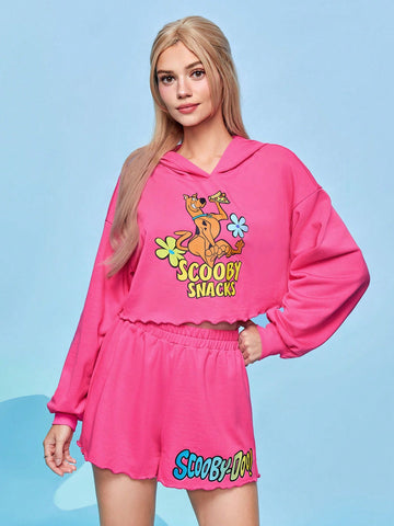 Ladies' Cartoon Printed Letter Detail Hoodie And Shorts Set
