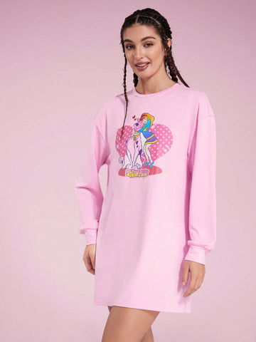 Women Casual Cartoon Figure Graphic Long Sleeve Dress For Autumn