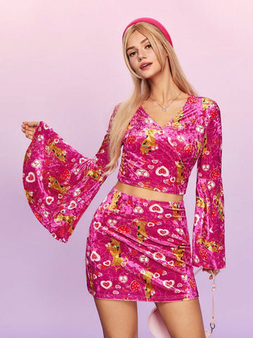 Women's Cartoon Dog Pattern Bell Sleeve Crop Top And Skirt Set