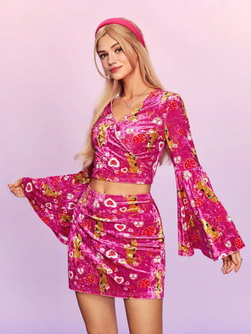 Women's Cartoon Dog Pattern Bell Sleeve Crop Top And Skirt Set