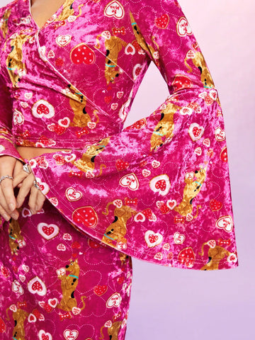 Women's Cartoon Dog Pattern Bell Sleeve Crop Top And Skirt Set