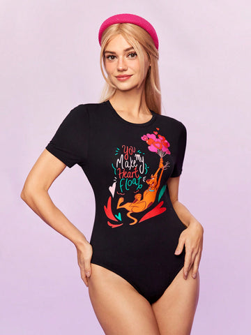 Women's Cartoon Pattern Short Sleeved Bodysuit