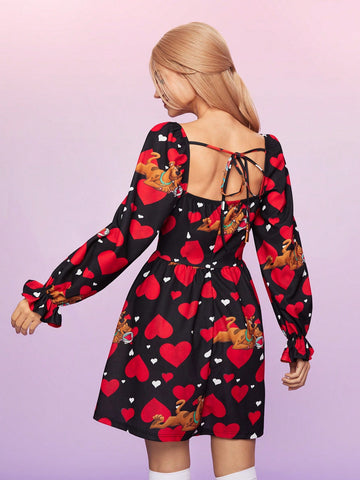 Women's Love Heart & Cartoon Printed Bell Sleeve Dress