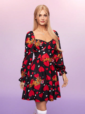 Women's Love Heart & Cartoon Printed Bell Sleeve Dress