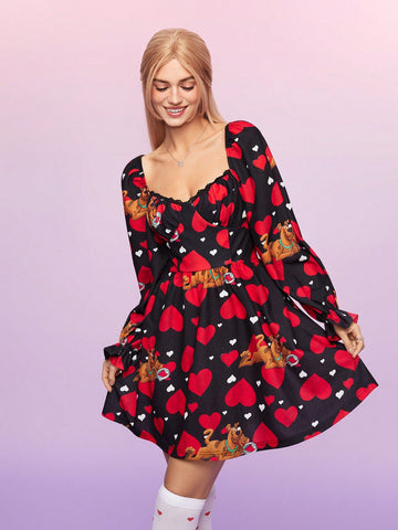 Women's Love Heart & Cartoon Printed Bell Sleeve Dress