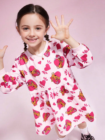 Young Girl Blushing Pink Heart Cartoon Dog Print Oversized Knit Crew Neck Sweatshirt Dress, Autumn/Winter
