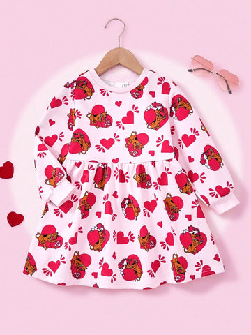 Young Girl Blushing Pink Heart Cartoon Dog Print Oversized Knit Crew Neck Sweatshirt Dress, Autumn/Winter
