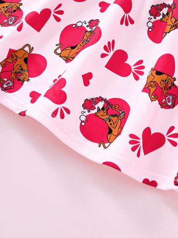 Young Girl Blushing Pink Heart Cartoon Dog Print Oversized Knit Crew Neck Sweatshirt Dress, Autumn/Winter
