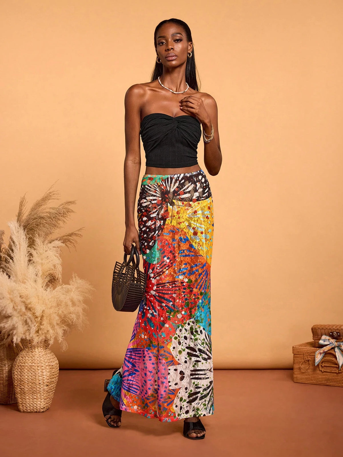 SHAQUITA GARCIA Spring And Summer Hand-Painted Floral Flower Print Lace Elastic Waist Mermaid Party Holiday Long Skirt, Valentine's Day, Vacation