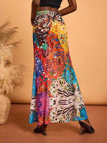 SHAQUITA GARCIA Spring And Summer Hand-Painted Floral Flower Print Lace Elastic Waist Mermaid Party Holiday Long Skirt, Valentine's Day, Vacation