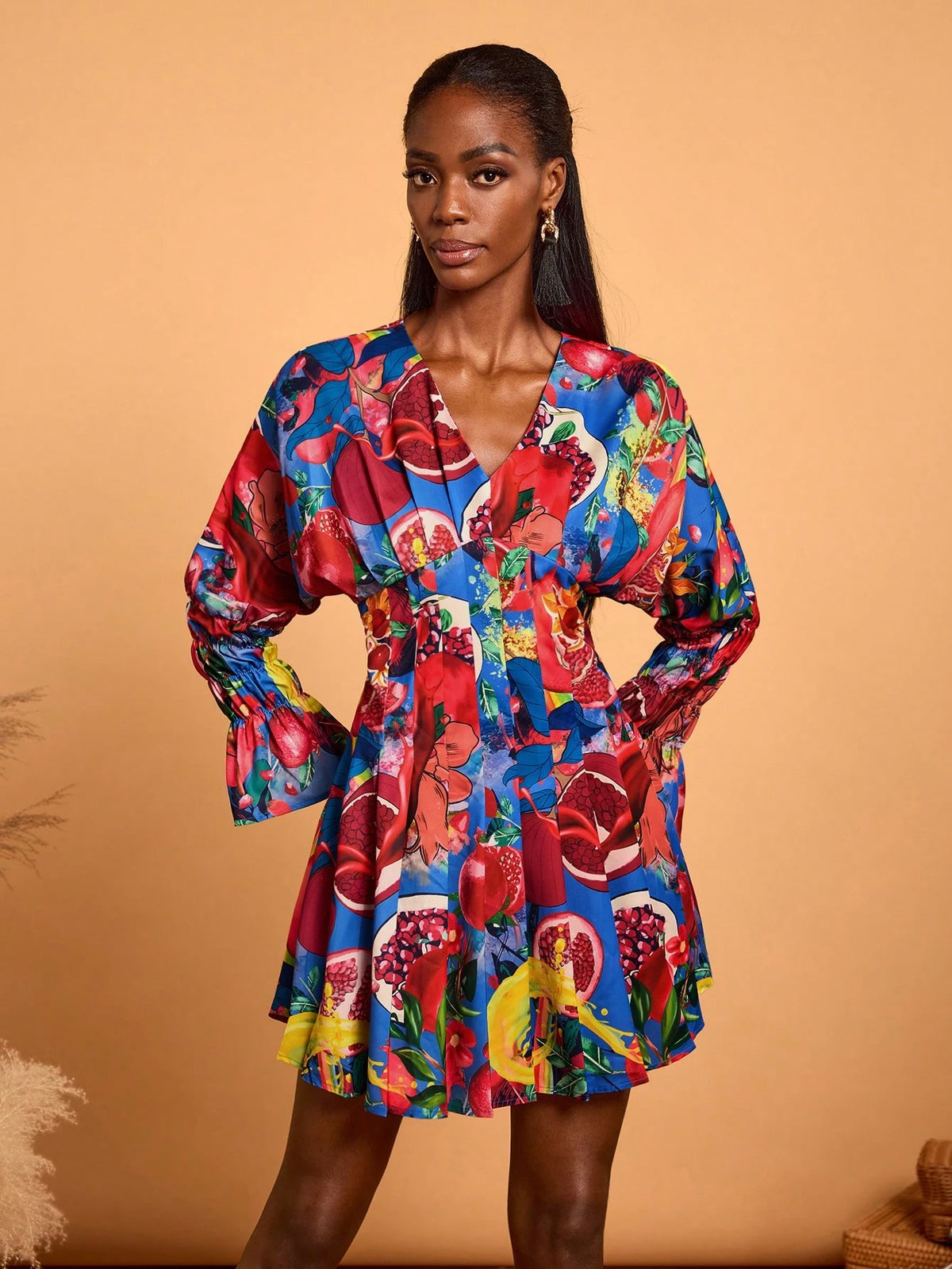 Women V-Neck Long Sleeve Print Simple Casual Short Dress