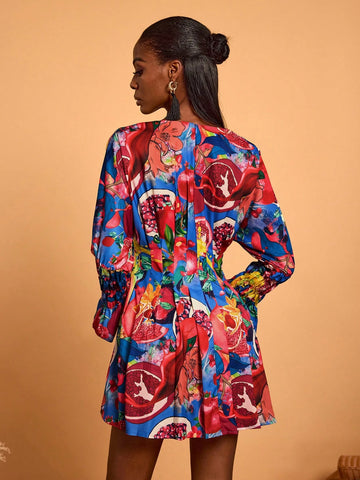 Women V-Neck Long Sleeve Print Simple Casual Short Dress