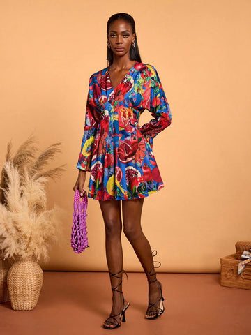 Women V-Neck Long Sleeve Print Simple Casual Short Dress