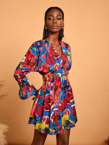 Women V-Neck Long Sleeve Print Simple Casual Short Dress
