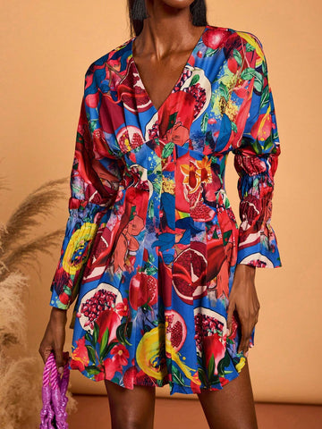 Women V-Neck Long Sleeve Print Simple Casual Short Dress