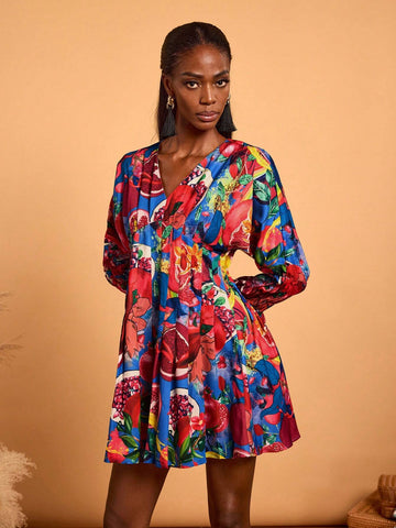 Women V-Neck Long Sleeve Print Simple Casual Short Dress