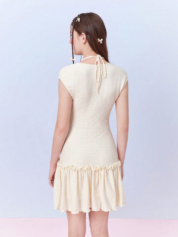 Bow Coquette Kawaii Princesscore Summer Light Yellow Lace Ruffle Halter Neck Crop Knitted Dress