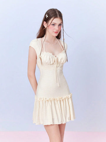 Bow Coquette Kawaii Princesscore Summer Light Yellow Lace Ruffle Halter Neck Crop Knitted Dress