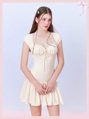 Bow Coquette Kawaii Princesscore Summer Light Yellow Lace Ruffle Halter Neck Crop Knitted Dress