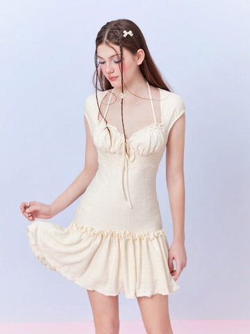 Bow Coquette Kawaii Princesscore Summer Light Yellow Lace Ruffle Halter Neck Crop Knitted Dress