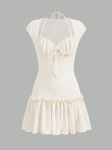 Bow Coquette Kawaii Princesscore Summer Light Yellow Lace Ruffle Halter Neck Crop Knitted Dress