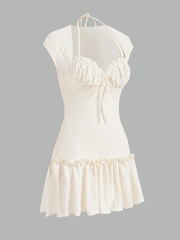 Bow Coquette Kawaii Princesscore Summer Light Yellow Lace Ruffle Halter Neck Crop Knitted Dress