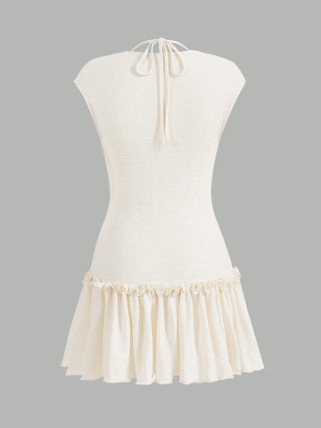 Bow Coquette Kawaii Princesscore Summer Light Yellow Lace Ruffle Halter Neck Crop Knitted Dress