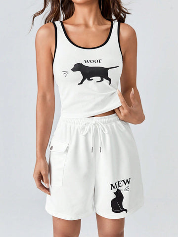 Cartoon Graphic Contrast Binding Tank Top & Flap Pocket Shorts