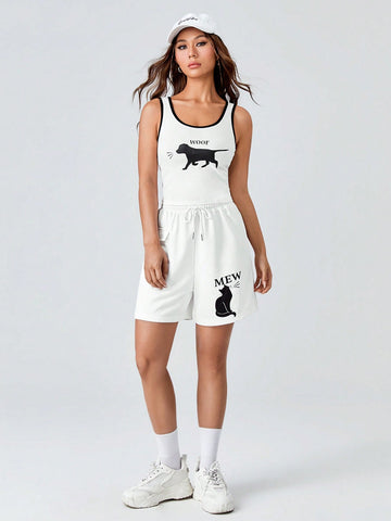 Cartoon Graphic Contrast Binding Tank Top & Flap Pocket Shorts