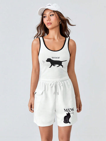 Cartoon Graphic Contrast Binding Tank Top & Flap Pocket Shorts