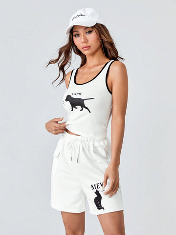 Cartoon Graphic Contrast Binding Tank Top & Flap Pocket Shorts