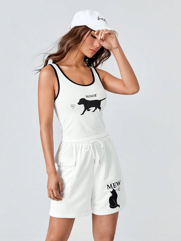 Cartoon Graphic Contrast Binding Tank Top & Flap Pocket Shorts