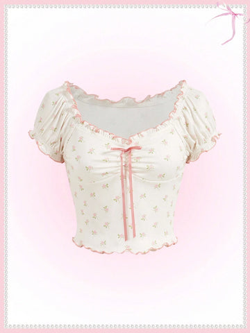 Coquette Summer Kawaii Ballet Style Pink Bow Puff Sleeve Ditsy Floral Summer T-Shirts Cute Summer