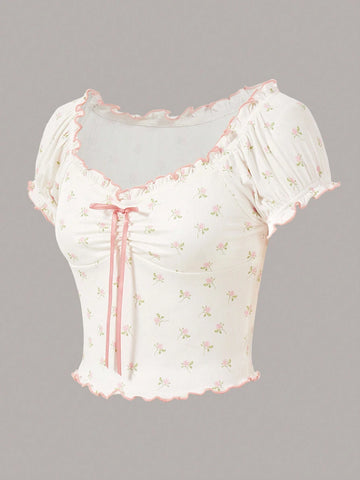 Coquette Summer Kawaii Ballet Style Pink Bow Puff Sleeve Ditsy Floral Summer T-Shirts Cute Summer
