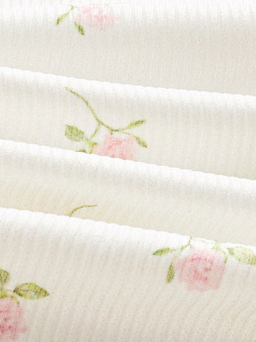 Coquette Summer Kawaii Ballet Style Pink Bow Puff Sleeve Ditsy Floral Summer T-Shirts Cute Summer