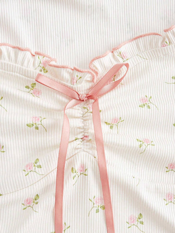 Coquette Summer Kawaii Ballet Style Pink Bow Puff Sleeve Ditsy Floral Summer T-Shirts Cute Summer